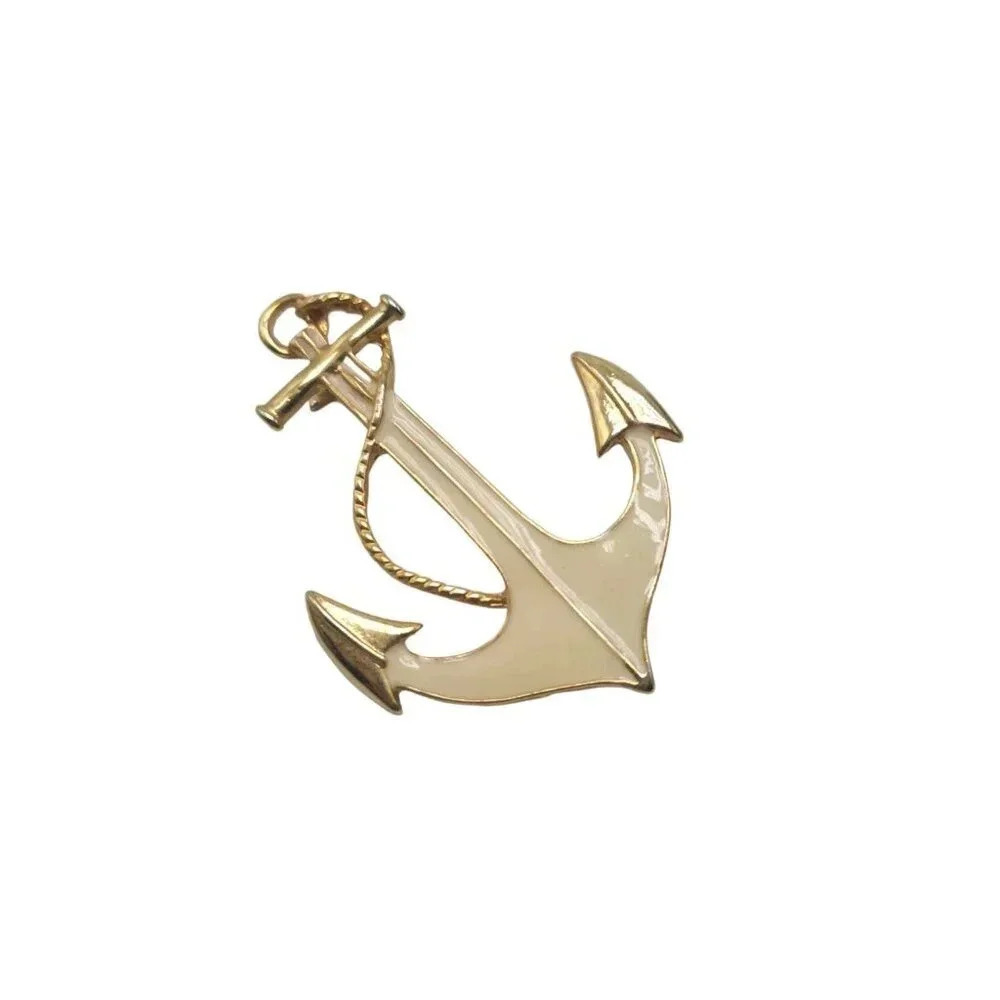 ParkLane Cream Enamel Anchor Nautical Naval Brooch Pin Gold Tone Vintage